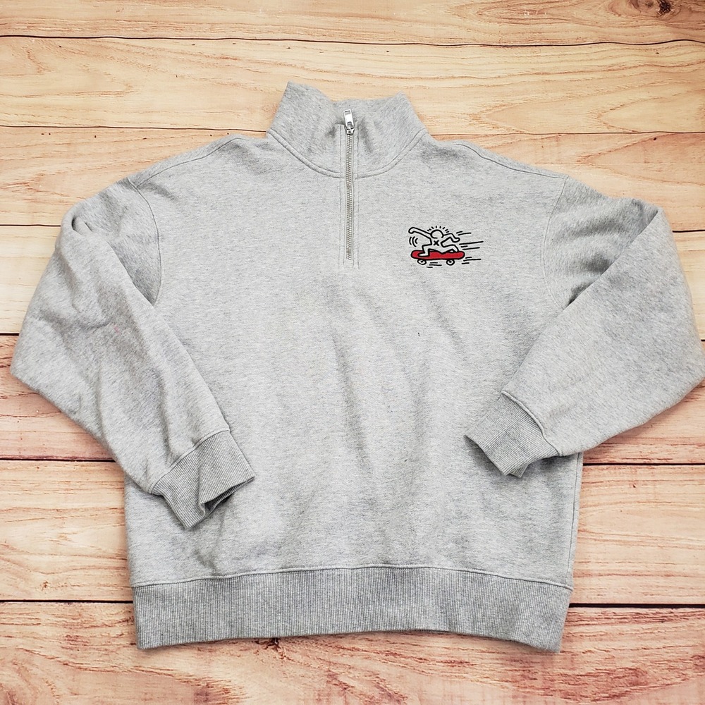 HM Keith Haring Sweatshirt Mens Medium Gray Pullover 1/4 Zip Relaxed Fit Skater‎